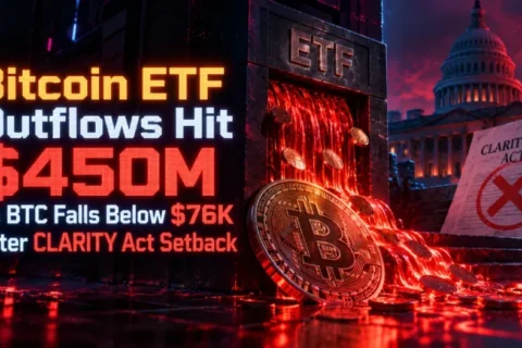 Bitcoin ETF Outflows Hit $450M as BTC Falls Below $76K After CLARITY Act Setback